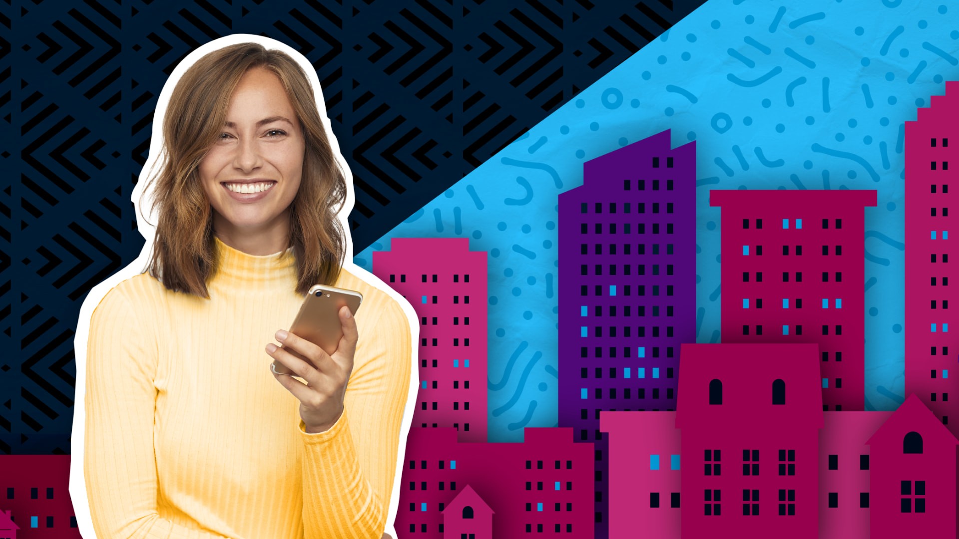 Woman holding cellphone in front of building backdrop